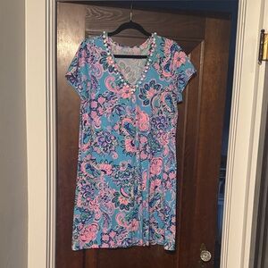 Lilly Pulitzer Blue and Pink Paisley V-Neck Mini Dress